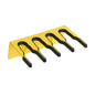 The Haug Bürsten KG PLASTIC DEVICE STRIP 200x70x125 mm is a yellow shelf with four black U-shaped holders that are angled upwards on one side to facilitate access, ideal for organizing tools or cables.