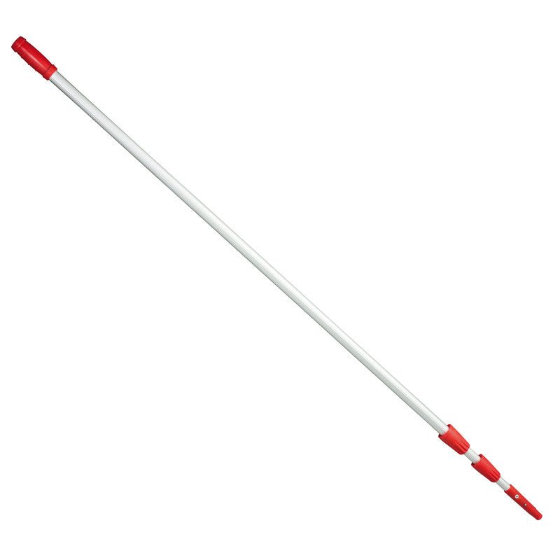The extendable 3-part telescopic pole "ALUMINUM TUBE ANODIZED 4500MM" from Haug Bürsten KG is made of silver aluminum and features red plastic caps at both ends for attaching cleaning or painting accessories.