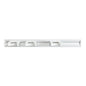 The Haug Bürsten KG ALU DEVICE STRIP, 3 handle holders, 510x55mm is a white, wall-mounted storage shelf with three adjustable slots and visible mounting holes, ideal for organizing cleaning tools like brooms and mops.