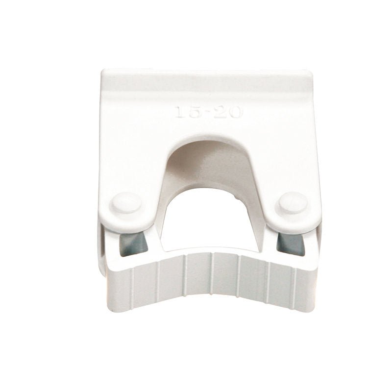 A white plastic REPLACEMENT HANDLE HOLDER 15-20MM (60x35x73mm) from Haug Bürsten KG, for item 8699; with a rectangular top, curved cutting part, and "15-20" size markings, compatible with pipes for easy replacement.