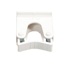 A white plastic REPLACEMENT HANDLE HOLDER 15-20MM (60x35x73mm) from Haug Bürsten KG, for item 8699; with a rectangular top, curved cutting part, and "15-20" size markings, compatible with pipes for easy replacement.