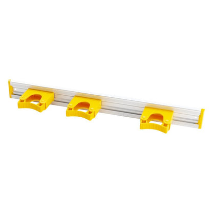 The Haug Bürsten KG ALU DEVICE STRIP, 3 HANDLE HOLDERS (510x55mm) is a wall-mounted aluminum rail with three yellow clips for hanging items like brooms or mops.