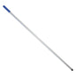 The Haug Bürsten KG ALUSTIEL is a 1400mm long, silver aluminum rod (ø 22mm, wall thickness 1mm) with a blue rubber handle and black cap, depicted on a white background.