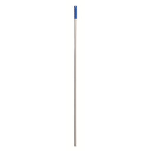 The Haug Bürsten KG ALUSTIEL, BLUE 1450MM, OUTER ø 22MM is a straight aluminum handle with a blue plastic grip and metal shaft, depicted on a plain white background.