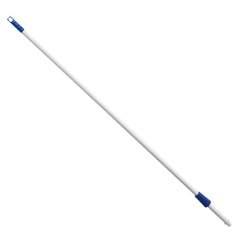 A Haug Bürsten KG BROOM HANDLE, STEEL TUBE, BLUE 1400MM, OUTER ø 21MM is depicted diagonally against a plain white background.