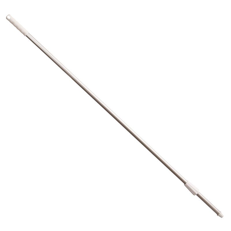 A 1400 mm long silver aluminum handle from Haug Bürsten KG ALUSTIEL (Ø22 mm, 1 mm wall thickness) with white plastic ends hangs diagonally on a white background; it has a hole for hanging at one end and a threaded connection at the other.
