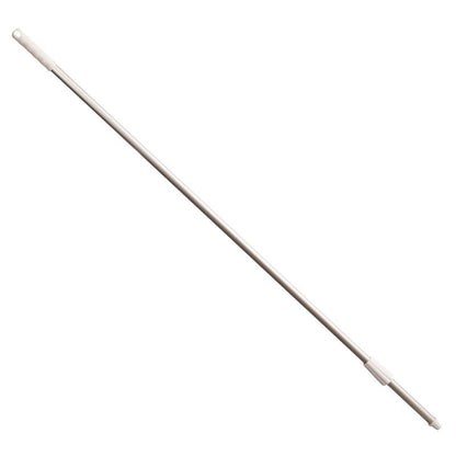 A 1400 mm long silver aluminum handle from Haug Bürsten KG ALUSTIEL (Ø22 mm, 1 mm wall thickness) with white plastic ends hangs diagonally on a white background; it has a hole for hanging at one end and a threaded connection at the other.