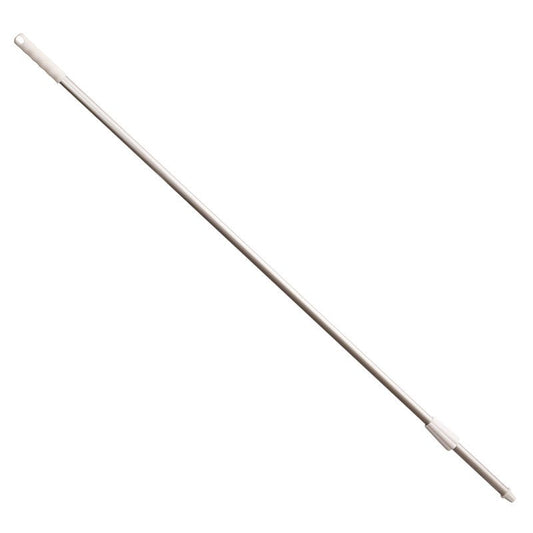 A 1400 mm long silver aluminum handle from Haug Bürsten KG ALUSTIEL (Ø22 mm, 1 mm wall thickness) with white plastic ends hangs diagonally on a white background; it has a hole for hanging at one end and a threaded connection at the other.