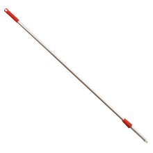 The Haug Bürsten KG ALUSTIEL is a 1400 mm long aluminum handle (Ø22 mm, 1 mm wall thickness) with a red plastic handle, hanging hole, and threaded connection for cleaning tool heads.