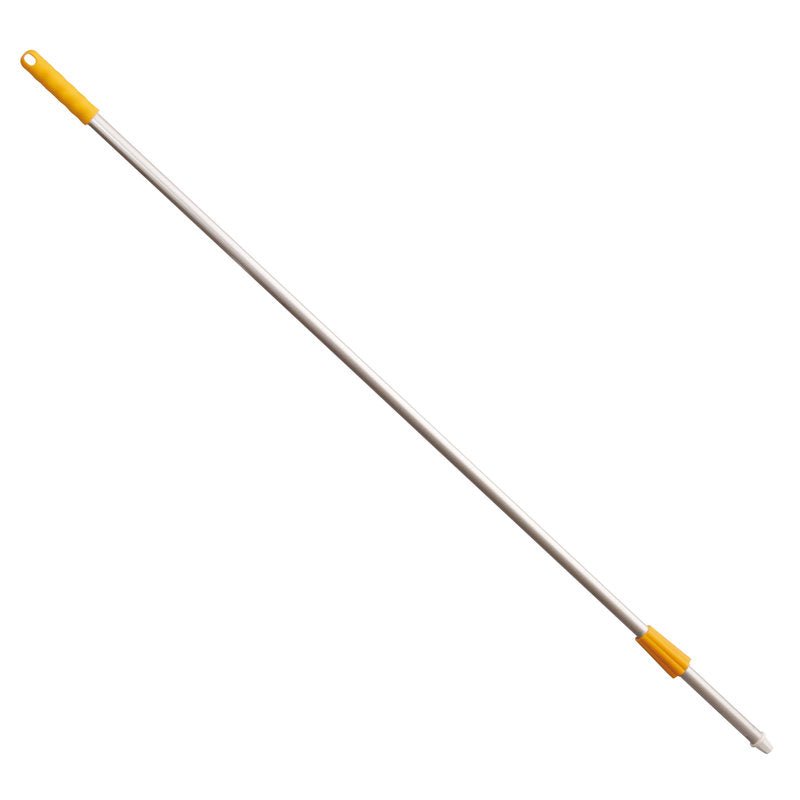 The ALUSTIEL from Haug Bürsten KG is a 1400mm long, silver aluminum handle (Ø22mm, wall thickness 1mm) with a yellow plastic handle at one end and a yellow plug at the other end, isolated on white.