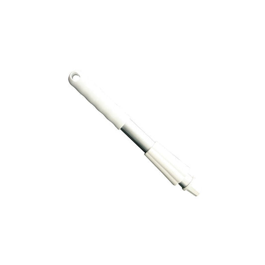 The white plastic toothbrush with a removable handle is equipped with a 300 mm long KURZ-ALUSTIEL CAP AND LOCK NUT from Haug Bürsten KG to increase durability.