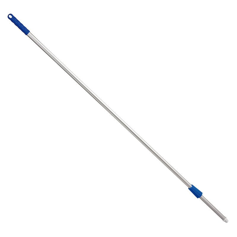 The Haug Bürsten KG ALUSTIEL is a silver aluminum mop handle with a blue grip, 1600 mm long, 22 mm outer diameter, and 1 mm wall thickness, depicted isolated on a white background.
