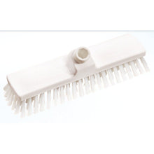 A white Haug Bürsten KG Haug broom scrubbing head (PBT, ø 0.50mm medium, 300x70x40mm) with stiff bristles and a central threaded hole for attaching the handle, depicted on a plain white background.