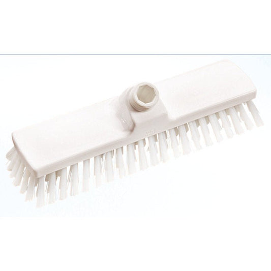 A white Haug Bürsten KG Haug broom scrubbing head (PBT, ø 0.50mm medium, 300x70x40mm) with stiff bristles and a central threaded hole for attaching the handle, depicted on a plain white background.
