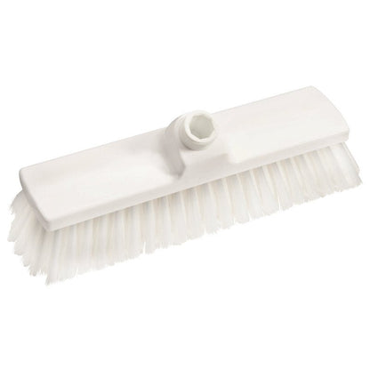 The BROOM, PBT SOFT 300X70X50MM, UNSLOTTED from Haug Bürsten KG is a white broom with soft, row-arranged bristles made of PBT and a rectangular head with a central handle opening. Ideal for effective cleaning.