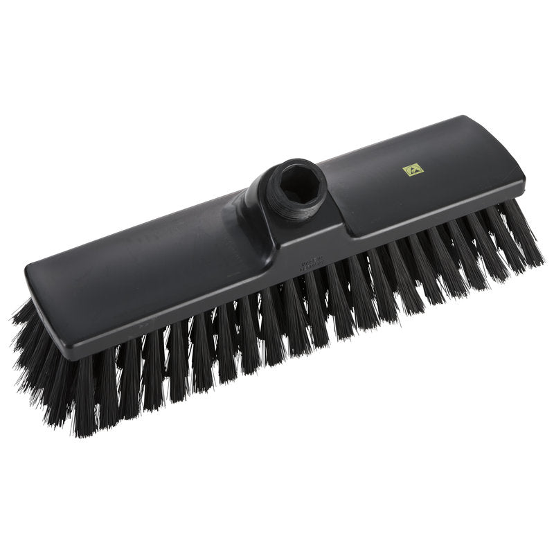The ESD BROOM, NYLON 6.0 BLACK ø0.30MM SOFT, 300X70X50MM from Haug Bürsten KG is a black antistatic broom head with soft nylon bristles and a handle attachment, ideal for cleaning sensitive surfaces. Pictured against a white background.