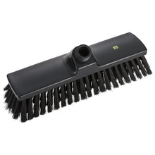 The ESD BROOM, NYLON 6.0 BLACK ø0.30MM SOFT, 300X70X50MM from Haug Bürsten KG is a black antistatic broom head with soft nylon bristles and a handle attachment, ideal for cleaning sensitive surfaces. Pictured against a white background.