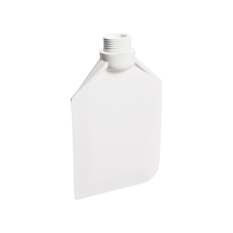 A white, flat, rectangular plastic bottle with a screw cap stands upright on a solid-colored background - ideal for use with the Haug Bürsten KG STIRRING SPOON, SOFT, TPE 190x120x40mm, without handle.