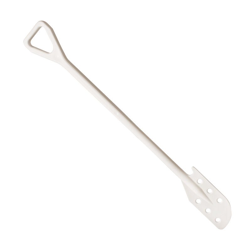The STIRRING SPOON WITH HOLES, PP WITH HANDLE 138X38X1190MM from Haug Bürsten KG is a white polypropylene stirrer with a triangular handle and flat perforated blade, ideal kitchen accessory for mixing liquids or ingredients.