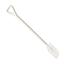 The STIRRING SPOON WITH HOLES, PP WITH HANDLE 138X38X1190MM from Haug Bürsten KG is a white polypropylene stirrer with a triangular handle and flat perforated blade, ideal kitchen accessory for mixing liquids or ingredients.