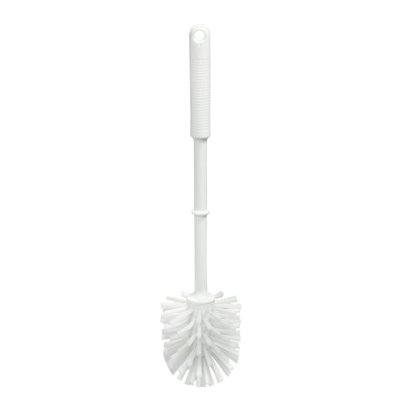 The Haug Bürsten KG WOLFBÜRSTE M.GRIFF,PBT TRANSP. ø0.50MM HARD 400xø90mm has a round, hard PBT bristle head and a long ribbed handle with a hanging hole - perfect for cleaning surfaces.