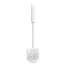 The Haug Bürsten KG WOLFBÜRSTE M.GRIFF,PBT TRANSP. ø0.50MM HARD 400xø90mm has a round, hard PBT bristle head and a long ribbed handle with a hanging hole - perfect for cleaning surfaces.