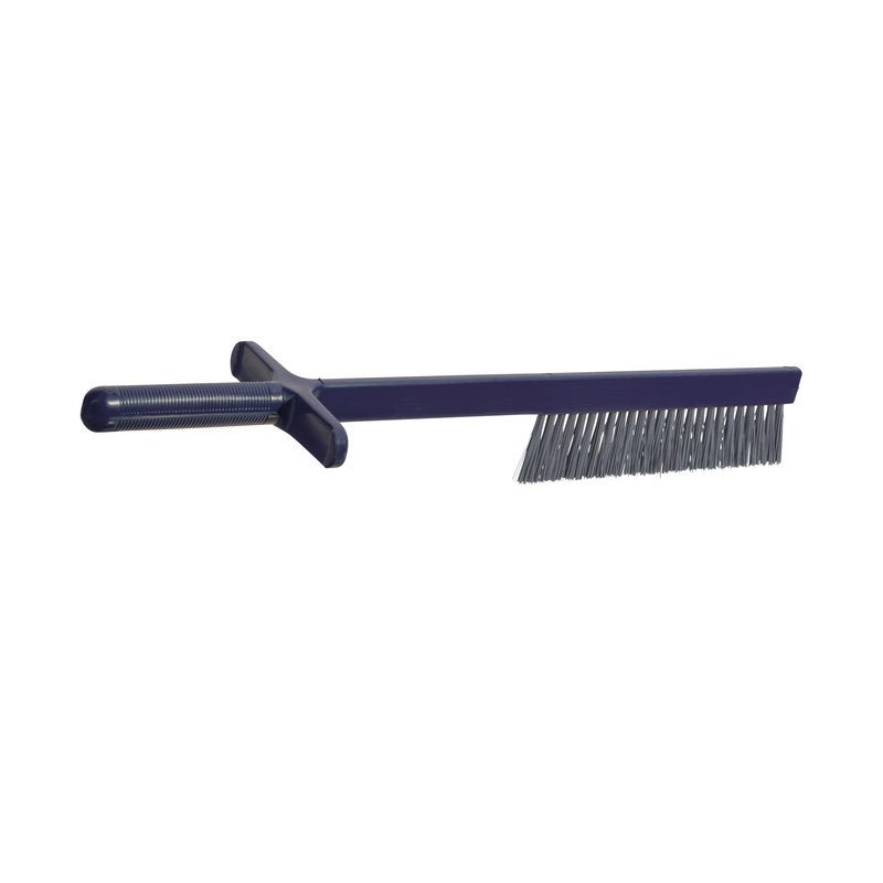 The METDEC PREM. CUTTER BRUSH from Haug Bürsten KG features a long, dark plastic handle with a horizontal grip and metal bristles in PBT gray/blue (490x10/120x45mm), ideal for professional cleaning during cutting work.