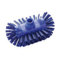 The Haug Bürsten KG kettle brush PBT Hard 200x125x105 mm, shown in blue, has stiff side bristles and a central threaded hole for handle attachment. HACCP-suitable hygienic cleaning brush. Pictured on a white background.