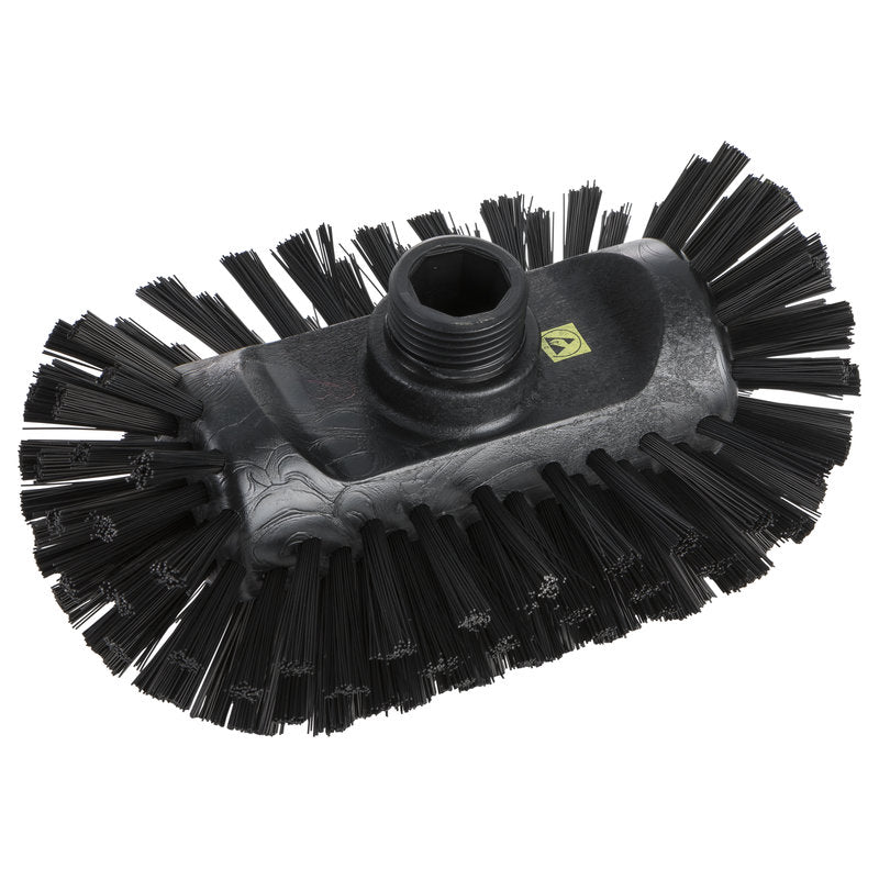 The ESD KESSELBÜRSTE, NYL6.0BLACK Ø0.50MM HARD, 200X125X35MM from Haug Bürsten KG is an oval, black cleaning brush with dense, stiff bristles and a central threaded hole for attaching the handle, depicted on a white background.