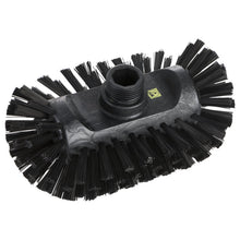 The ESD KESSELBÜRSTE, NYL6.0BLACK Ø0.50MM HARD, 200X125X35MM from Haug Bürsten KG is an oval, black cleaning brush with dense, stiff bristles and a central threaded hole for attaching the handle, depicted on a white background.