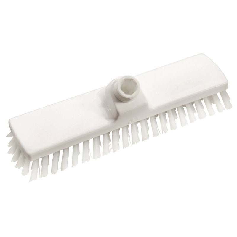 The WIPER, PBT TRANSPARENT ø 0.50MM HARD 300X70X30MM from Haug Bürsten KG with stiff bristles and a central thread for handle attachment is seen on a plain white background.