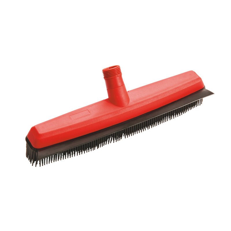 The Haug Bürsten KG GUMMINOPPENBES. Broom head (335x60x35mm) is made of soft rubber with fine red and black bristles and is shown without a handle. It features a threaded hole for easy attachment and ensures efficient floor cleaning.