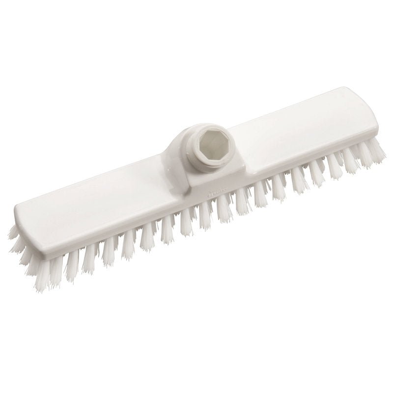The WISCHER,PP WHITE ø 0.35MM HARD 280X50X20MM from Haug Bürsten KG features stiff white PP bristles and a central handle attachment, making this rectangular brush ideal for cleaning floors and surfaces in the household.