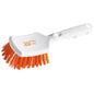Haug Bürsten KG ANTI BAC handle brush made of white plastic with a slightly curved handle and stiff orange PBT bristles (ø 0.50 mm) angled for scrubbing. "ANTI BAC" and "Haug Bürsten" are printed on the brush head. Size: 260x72x35mm.