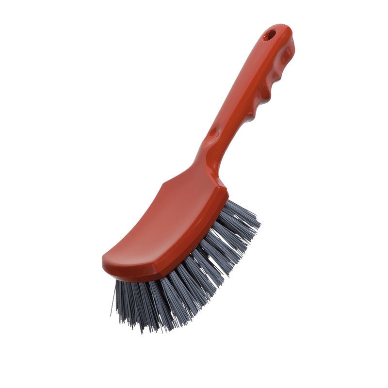 A gray handle of the Haug Bürsten KG METAL DETECT HANDLE BRUSH, PBT 0.60mm hard bristles, 260x72x35mm, depicted on a white background. Equipped with finger grooves and a hanging hole; ideal for industrial metal detection applications.