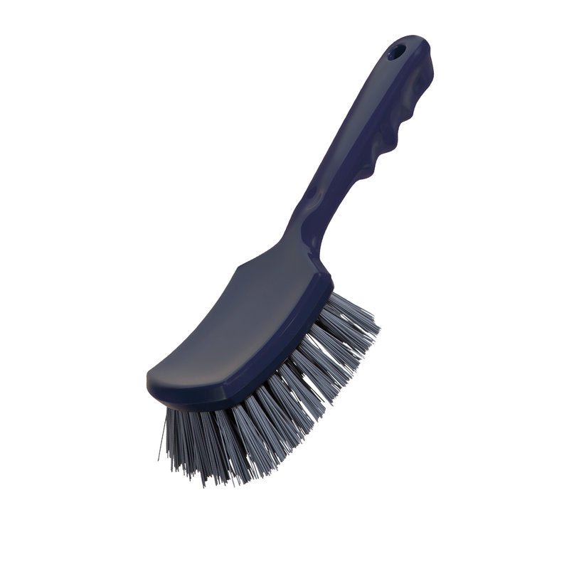 The METDEC PREM. HANDLE BRUSH from Haug Bürsten KG features a dark blue, curved handle with a hanging hole and stiff gray PBT bristles measuring 260x72x35mm, isolated on a white background.