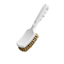 The Haug Bürsten KG HANDLE BRUSH, BRASS WIRE, ø 0.25MM HARD (260x72x20mm) has a white plastic handle with grooves and a hanging hole. The dense brass bristles are slightly angled and allow for effective rust removal on various surfaces.
