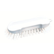 The ROUND SCRUB BRUSH, PBT HARD 205X65X30MM from Haug Bürsten KG is a white round brush made of plastic with stiff bristles and a slightly curved handle, depicted on a plain white background.