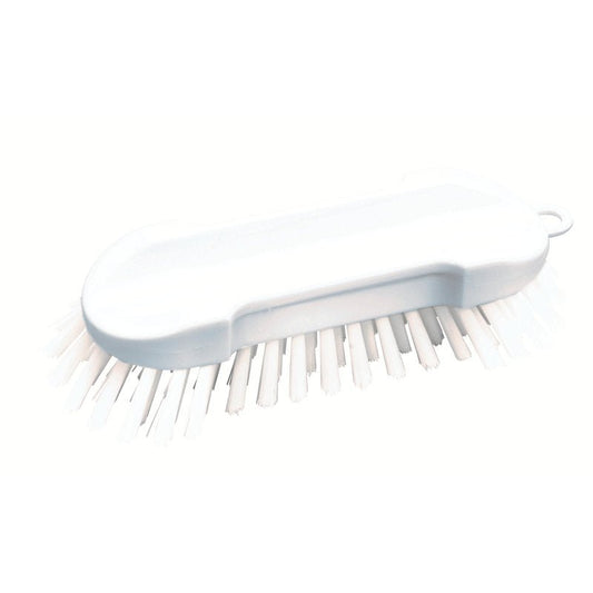 The ROUND SCRUB BRUSH, PBT HARD 205X65X30MM from Haug Bürsten KG is a white round brush made of plastic with stiff bristles and a slightly curved handle, depicted on a plain white background.