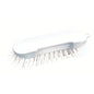 The ROUND SCRUB BRUSH, PBT HARD 205X65X30MM from Haug Bürsten KG is a white round brush made of plastic with stiff bristles and a slightly curved handle, depicted on a plain white background.