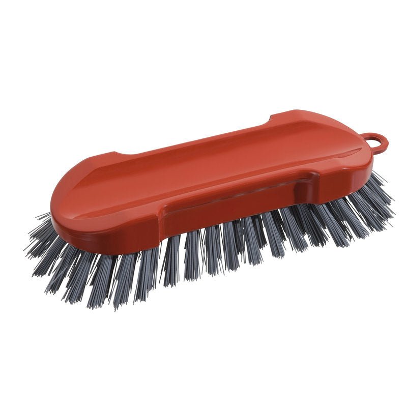 The METAL DETECT WASH BRUSH ROUND from Haug Bürsten KG is a gray, metal-detectable PBT hand scrub brush (Ø0.60mm, 205x65x30mm) for the food industry with a flat surface, rounded edges, and an integrated handle.