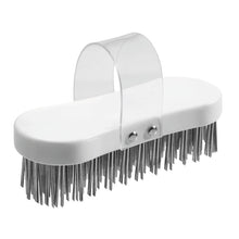 The Haug Bürsten KG Hackstock brush, flat wire thickness 3.3x0.6mm Hard185x75x37, a white oval scrubbing brush with a clear handle and stiff metal bristles for woodworking, is shown against a plain background.