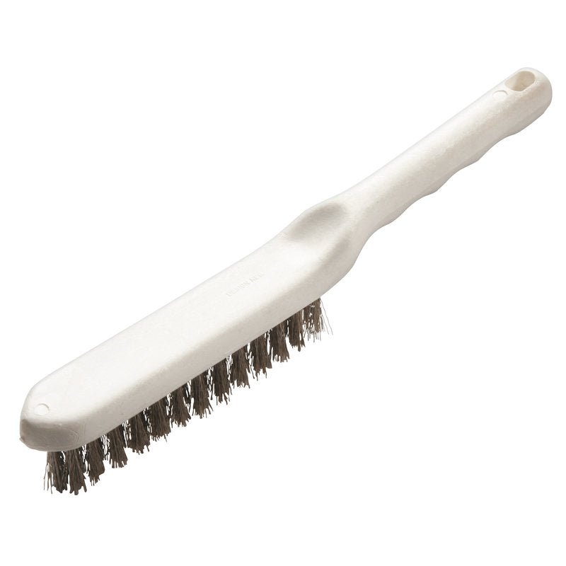 The Haug Bürsten KG WIRE BRUSH, STAINLESS STEEL WIRE V4A ø 0.30MM HARD (285x30x26mm) has a white handle with a hanging hole and dense bristles - ideal for metal cleaning. Pictured on a solid white background.