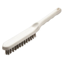 The Haug Bürsten KG WIRE BRUSH, STAINLESS STEEL WIRE V4A ø 0.30MM HARD (285x30x26mm) has a white handle with a hanging hole and dense bristles - ideal for metal cleaning. Pictured on a solid white background.