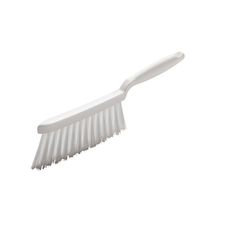 The HAND BRUSH, PBT TRANSPARENT Ø 0.25MM SOFT, 280X15X50 MM from Haug Bürsten KG features a plastic handle and angled PBT bristles for gentle cleaning, shown isolated on a white background.