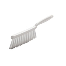 The HAND BRUSH, PBT TRANSPARENT Ø 0.25MM SOFT, 280X15X50 MM from Haug Bürsten KG features a plastic handle and angled PBT bristles for gentle cleaning, shown isolated on a white background.