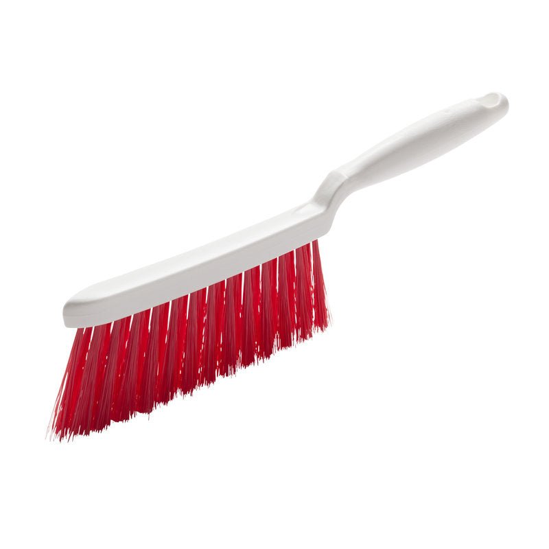 Pictured is a HAND BRUSH, PBT RED SLIT ø 0.25MM SOFT, 280X15X50 MM from Haug Bürsten KG with a white handle and bright red, slit PBT bristles against a plain white background.