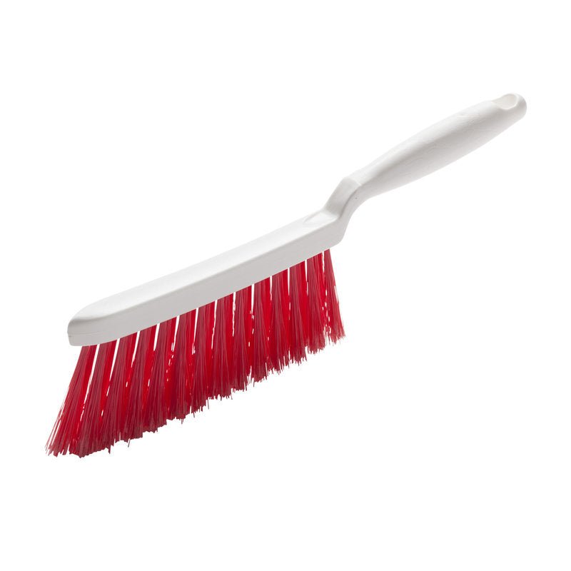The HAND BRUSH, PBT RED ø 0.25MM SOFT, 280X15X50 MM from Haug Bürsten KG has a white plastic handle and dense red PBT bristles for effective cleaning, depicted on a simple white background.