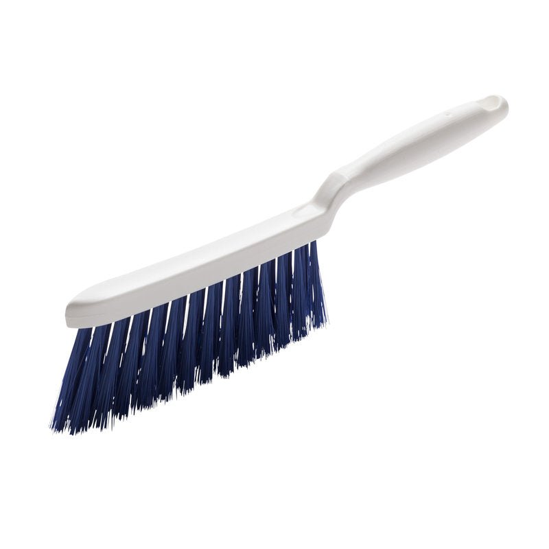 A HAND BROOM from Haug Bürsten KG with soft, split blue PBT bristles (ø 0.25mm), size 280x15x50 mm, is shown isolated on a white background.