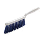 A HAND BROOM from Haug Bürsten KG with soft, split blue PBT bristles (ø 0.25mm), size 280x15x50 mm, is shown isolated on a white background.